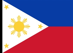 [ai] The flag of the Philippines featuring a horizontal bicolor design with a blue upper section and a red lower section, separated by a white isosceles triangle on the left. In the triangle, there is a yellow sun with eight rays and three yellow stars at the corners.